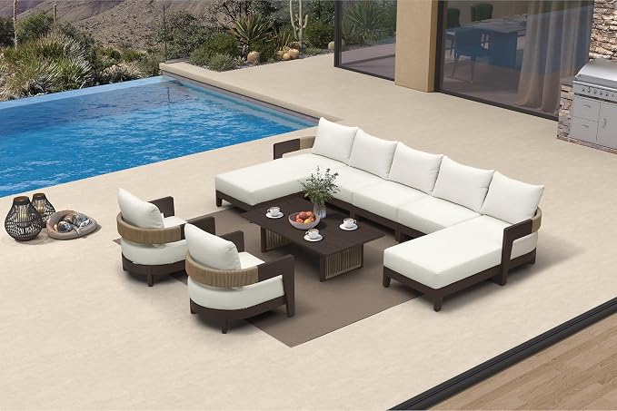 PURPLE LEAF Patio Furniture Set with Table and Daybeds 8 Pieces Modern Aluminum Sectional Sofa Chairs 7.87" Thick Removable Cushions & Pillows Outdoor Conversation Sets for Porch Yard Garden