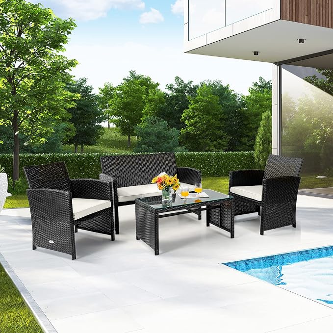 Tangkula 4 Pieces Rattan Furniture Set, Outdoor Conversation Set w/Chair & Loveseat & Tempered Glass Coffee Table, Suitable for Garden, Backyard, Poolside, Patio Furniture Set for 4 (1, White)