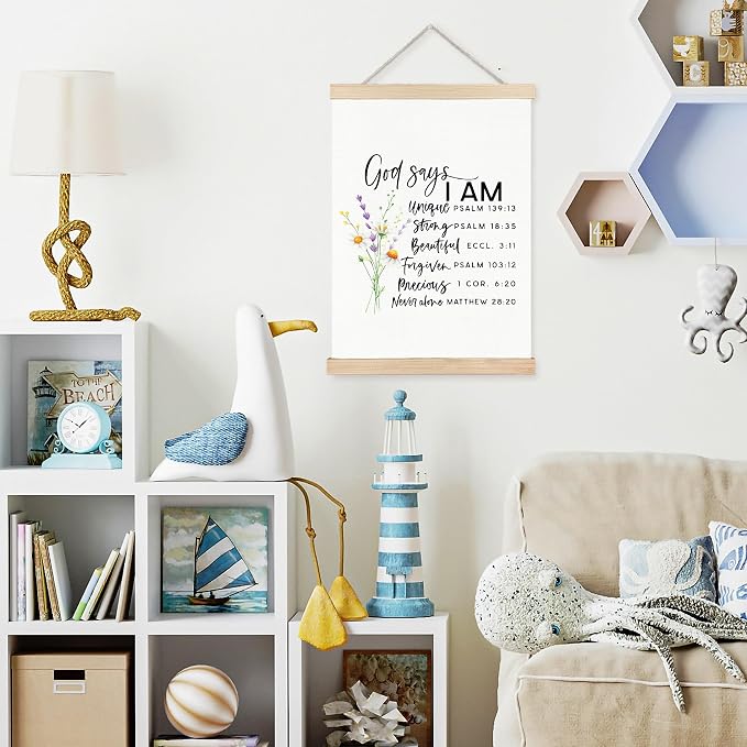 FDHSPAAM God Says I Am Christian Wall Art Decor, Bible Verses Wall Decorations, Inspirational Floral Religious Scripture Wall Art Posters for Home Bedroom Living Room Office Church, 12x16 Inch