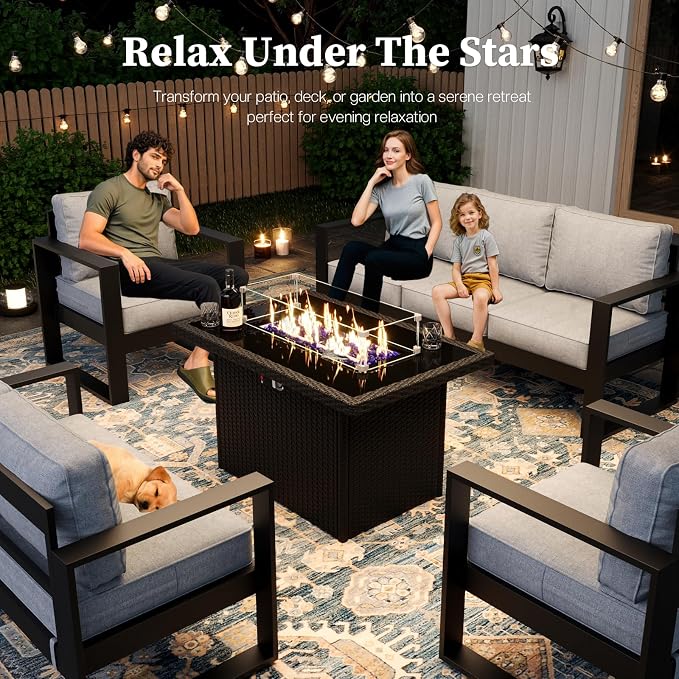 4 Piece Modern Aluminum Patio Furniture Set with Fire Pit Table, Outdoor Patio Sectional Conversation Metal Seating Sets with Olefin Cushion