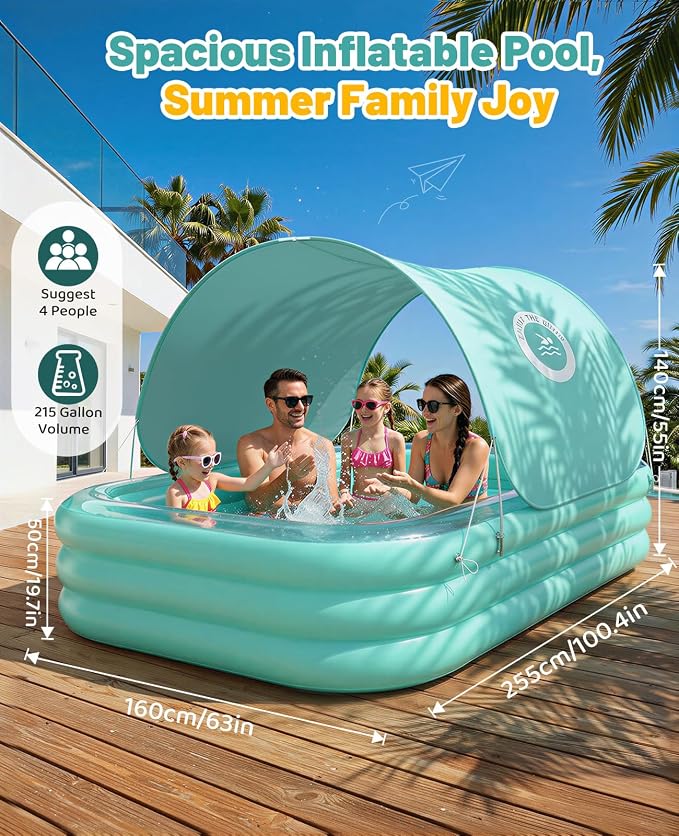 HeySplash Inflatable Pool with Canopy, Large Inflatable Swimming Pool for Adults & Kids, Blow Up Pool Thickened Family Pool for Outdoor Backyard Garden Party Summer Fun, 102" x 65" x 22"(Green)