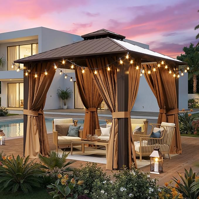 10x10FT Hardtop Gazebo, Metal Frame with Double Galvanized Steel Roof, Permanent Outdoor Pergola with Curtains and Netting Included for Backyard, Patio, Lawn and Garden, Brown