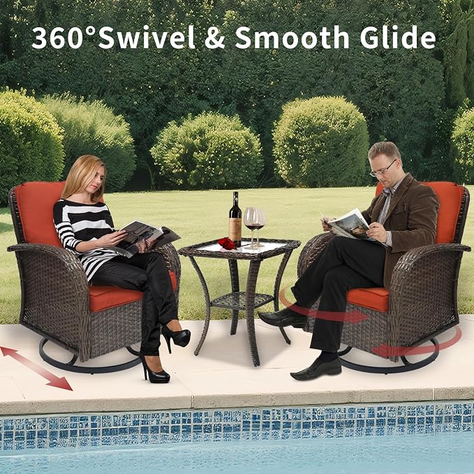 JJMGJOY Outdoor Swivel Rocker Patio Chairs 3 Pieces，Swivel Patio Chairs with Cushions，Outdoor Swivel Rocking Chairs Set of 2 with Rattan Side Table，Patio Furniture Set for Outside Porch Deck