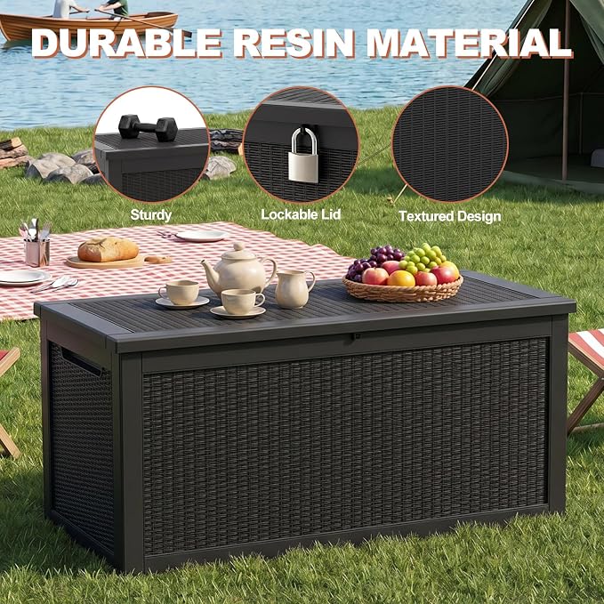 EFU Outdoor Storage Box 320 Gallon Deck Box (Indoor & Outdoor) Lockable UV Resistance Waterproof Resin Storage Bin Storage Box for Outdoor,Patio Storage With Support Rod(Black)