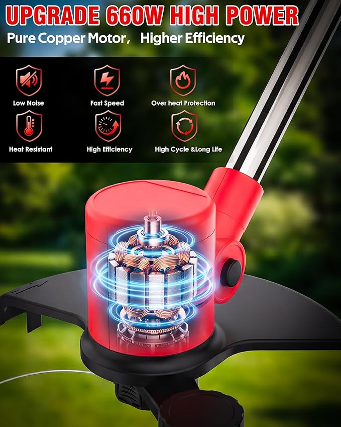 Electric Weed Wacker, 21V Weed Eater Battery Powered, Cordless String Trimmer Adjustable Height Electric Mower for Garden, Edger Lawn Tool