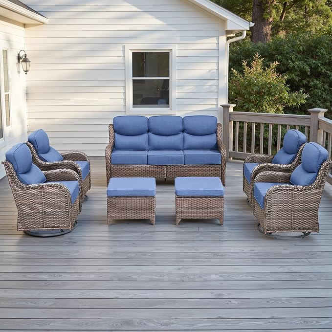 Rilyson Wicker Outdoor Patio Furniture Set - 7 Piece Patio Conversation Sets with Swivel Rocker Chairs, Ottomans and Sofa, 6 inch Cushions, Waterproof Wicker, for Porch Deck Brown/Blue