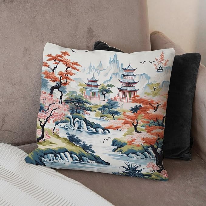 Cushion Cases Chinoiserie Pagoda White Coral Blue Throw Pillow Covers Retro Chinoiserie Chic Asian Pillow Cover Accent Modern Decorative Pillow Covers for Couch Tent Park 22x22 in
