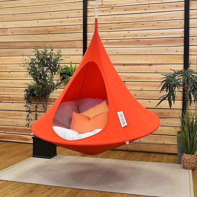 Single Cacoon Hanging Chair – Cozy Indoor/Outdoor Hammock with Polyester Canvas, 440 lb Capacity, Includes 18ft Rope & Carabiner (Bonfire Red)
