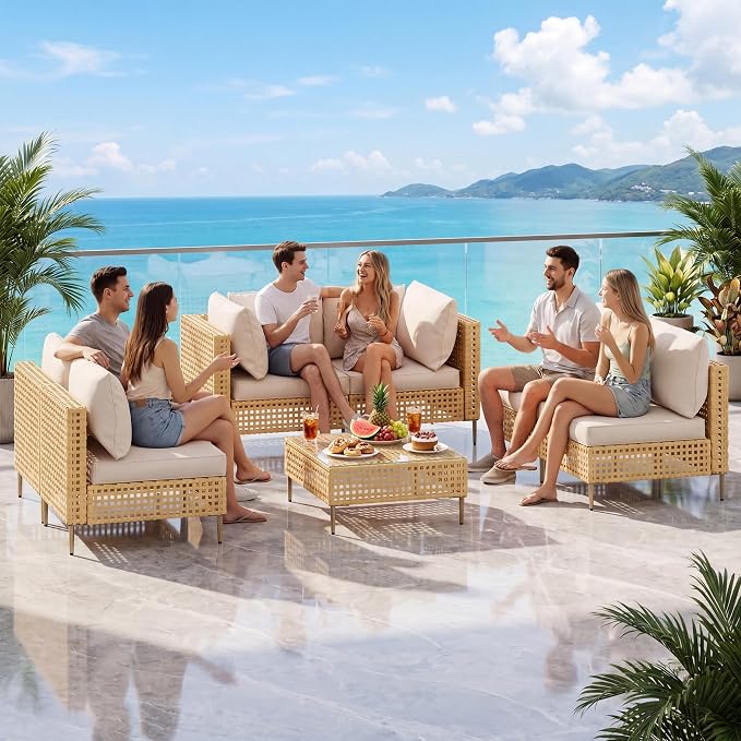 LHBcraft 7-Piece Wicker Outdoor Patio Furniture Set, Modular Rattan Outdoor Furniture, Patio Conversation Sets, Handmade Rattan, Water Resistant Fluffy Cushions and Coffee Table, Brown