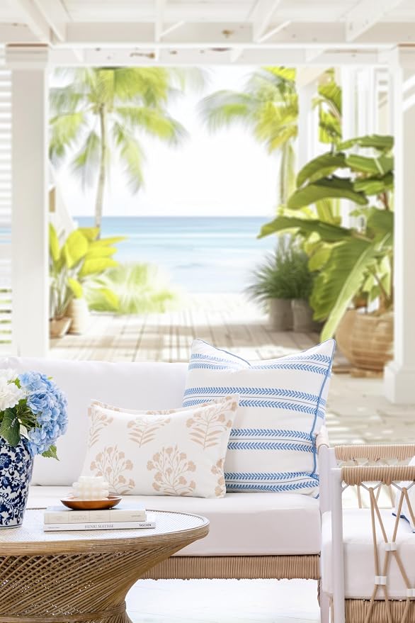 Hofdeco Premium Coastal Hampton Patio Indoor Outdoor Lumbar Pillow Cover Only, 12"x20" Water Repellent for Backyard, Couch, Poolside, Neutral Tan Print Floral