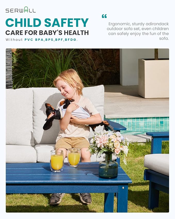 SERWALL HDPE Outdoor Couch, All-Weather Wood-Like Outdoor Sofa Set with Coffee Table, Blue Frame and Khaki Cushion