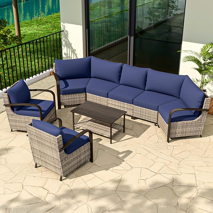 COOS BAY Aurora Terrace 6 Piece Outdoor Sectional Furniture Set, Half Moon Rattan Wicker Conversation Set with Patio Chairs, 5 Seat Sofa & Coffee Table for Patio Garden Yard, Beige/Blue