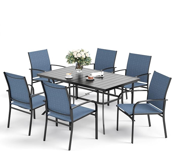 SUNSHINE VALLEY 7 PCS Patio Dining Set for 6, Rectangular Metal Dining Table with Umbrella Hole and 6 Chairs, Outdoor Table and Chairs Set for Lawn Garden Backyard and Deck, Blue