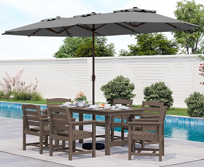 SERWALL 8-Pc HDPE Dining Set, 1 Table, 1 Umbrella & 6 Chairs, Coffee | Patio Dining Set with Umbrella, 67"Rectangular Table & 6 Chairs & 15FT Umbrella, All Weather Dining Furniture