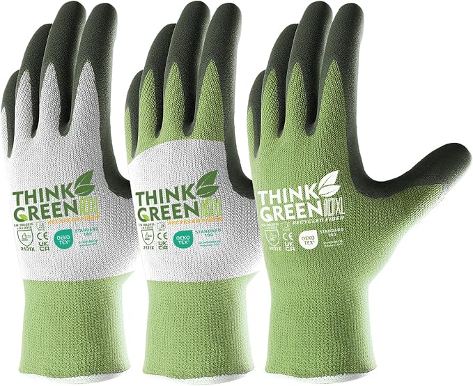 COOLJOB 3 Pairs Gardening Gloves for Women Men, 100% Recycled Polyester with Rubber Coated for Garden Patio Yard Lawn Work, Green, White & Grey, X-Large Size