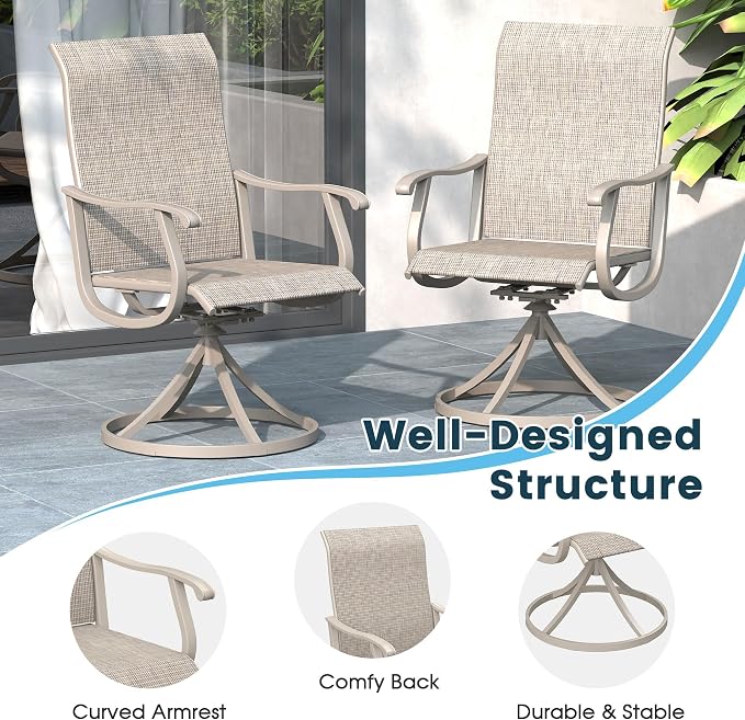 3 Pieces Patio Furniture Dining Set, 2 Textilene Swivel Dining Chairs, 28" Outdoor Square Metal Table with Storage Shelf, Outdoor Dining Set for Porch, Lawn, Garden, Grey/Sand