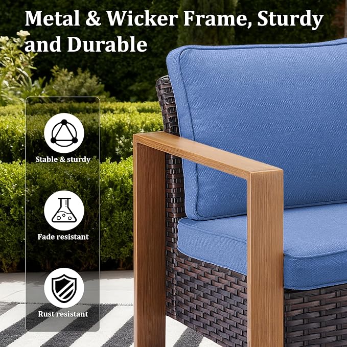 Outdoor Swivel Rocker Patio Chairs Set of 3, High Back Swivel Patio Chairs with Side Table & Metal Arm, Wicker Outdoor Bistro Set for Porch, Yard, Deck, Poolside, Blue