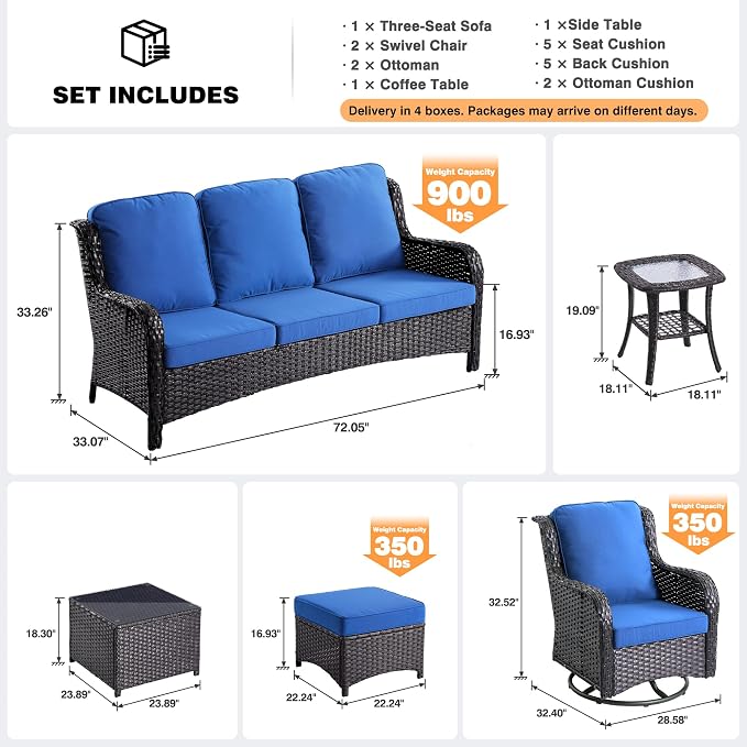 ovios 7 Pieces Patio Furniture Set with Swivel Rocking Chairs, Outdoor Wicker Sofa Couch Glass Coffee Table, All Weather High Back Modern Conversation Set, Brown Rattan, Navy Blue
