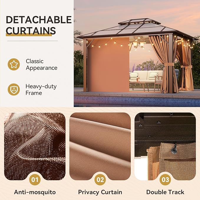 Aoxun 10'x12' Hardtop Gazebo, Outdoor Metal Gazebo with Double Polycarbonate Roof Canopy, Permanent Pavilion with Netting and Curtains for Lawn, Garden, Patio (Khaki)