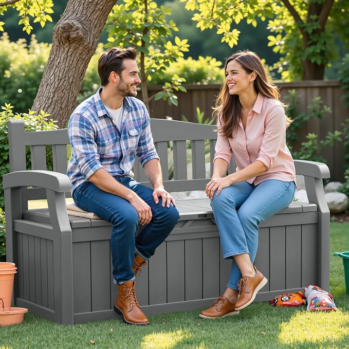 Flamaker 80 Gallon Storage Bench Outdoor Indoor, Durable All-Weather Seating with Hidden Storage, Lockable Deck Box for Garden, Patio, Poolside (Grey)