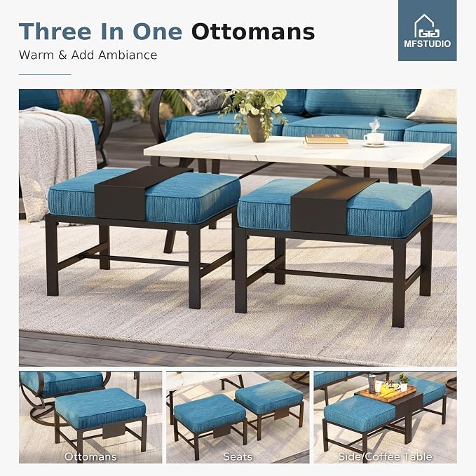 MFSTUDIO 8 Pieces Patio Furniture Sets with 45" Gas Fire Pit Table, Metal Outdoor Conversation Sofa Set with 1 x 3-Seat Sofa, 2 Single Chairs, 2 Rocking Chairs and 2 Ottoman, Peacock Blue Cushion