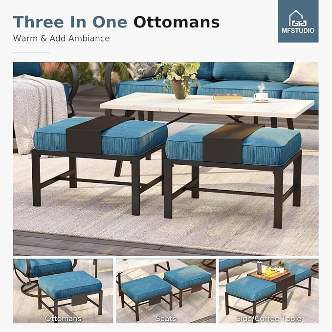 MFSTUDIO 6 Pieces Metal Patio Furniture Sets, 2 Swivel Chair, 1 Deep Seating 3-Seat Sofa, 2 Ottoman & 1 Marbling Coffee Table, All Weather 7 Seats Outdoor Conversation Set for Garden, Peacock Blue