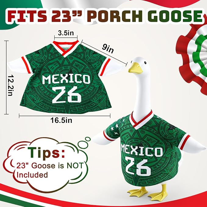 Porch Goose Outfit for Soccer, 23" Porch Goose Statue Clothes, Mexican Flag Jersey, Patriotic National Team Costume, Outdoor Lawn Patio Decor, Cultural Fiesta Sports Game Day Outside Decoration