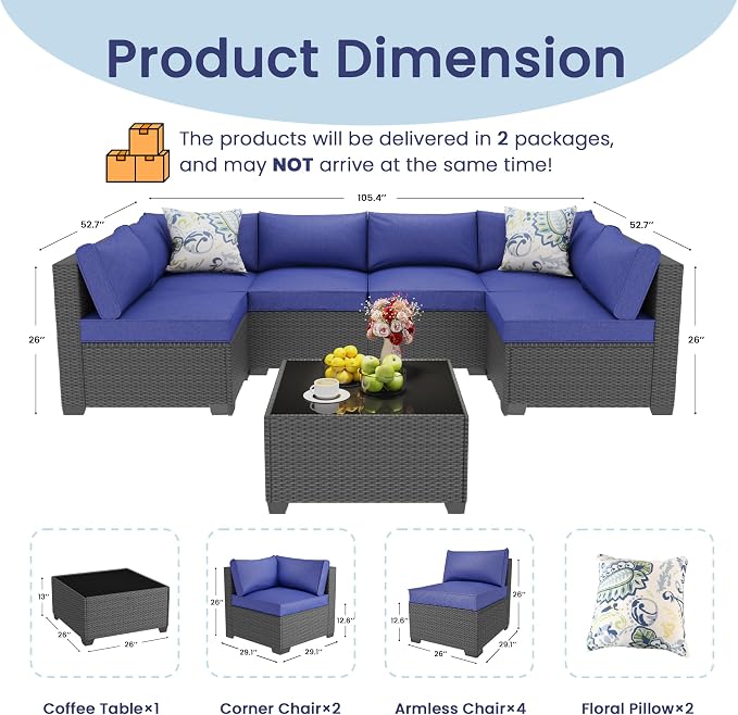 olimix 8 Piece Outdoor Patio Furniture Set, Outdoor Sectional Furniture, Rattan & Wicker Modern Modular Conversation Set Sofa Couch W/Water Resistant Washable Thick Cushions and Coffee Table, Blue