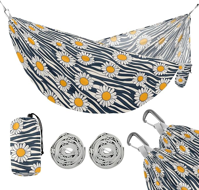 Camping Hammock Outdoor Hammocks for Outside Black White Striped Daisy Beach Trees Portable Lightweight with Pockets Tree Straps Indoor