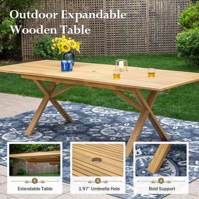 HERA'S HOUSE 7pc Patio Dining Set, Expandable Acacia Wood Table + 6 Chairs | Rectangular wooden table with umbrella hole, Fade-resistant, all-weather furniture for backyard, garden & poolside