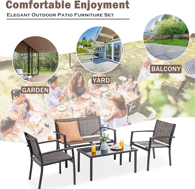 Vongrasig 4-Piece Modern Metal Textilene Patio Furniture Set - Small, Taupe with Loveseat & Glass Table for Lawn, Garden, Porch, Balcony, Backyard (Taupe)