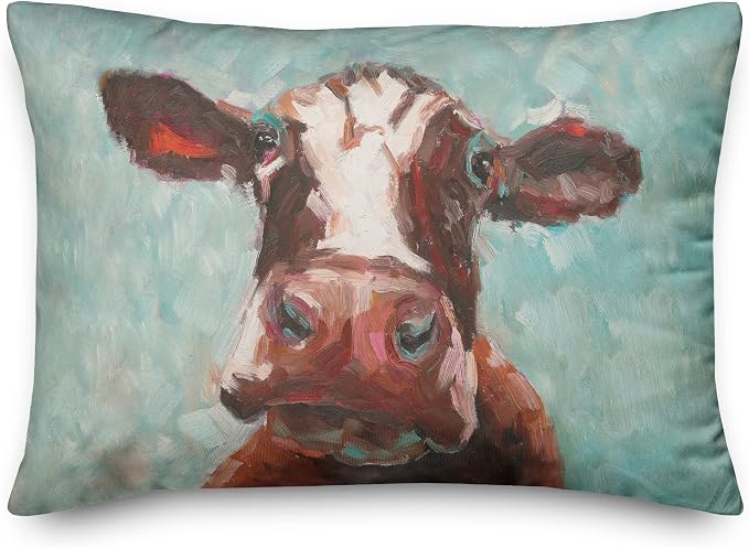 Teal Painted Cow Indoor/Outdoor Pillow | Decorative Pillows for Living Room Couch Bed Sofa Patio, Fluffy Soft Cushion | Water Resistant Multi, 14x20