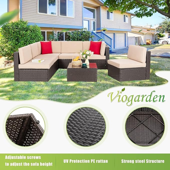 7 Pieces Outdoor Patio Furniture Set with Cushions, PE Manual Weaving Rattan Sectional Sofa, Glass Table Included, Weather Patio Conversation Set for Garden Backyard Deck(Blue)