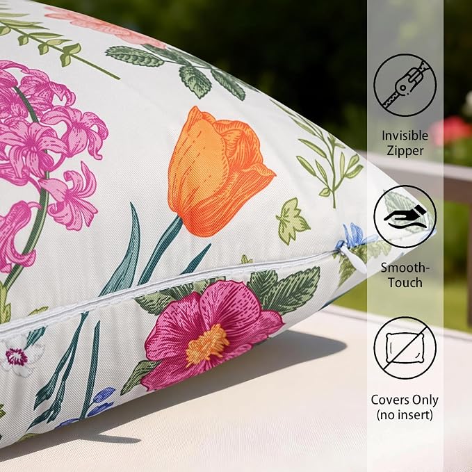 Pyonic Waterproof Outdoor Pillow Covers 18x18 Inch Set of 2 Pink Floral Plant Outdoor Pillows for Patio Furniture Porch Spring Summer Garden Decoration for Home, Meadow Flowers and Herbs