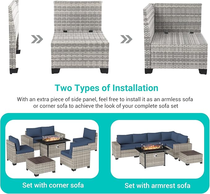 7PCS Outdoor Patio Furniture Set with 55,000 BTU Fire Pit Table, PE Wicker Rattan Sectional Sofa Patio Conversation Set with Thickened Cushions & Coffee Table for Garden, Navy Blue