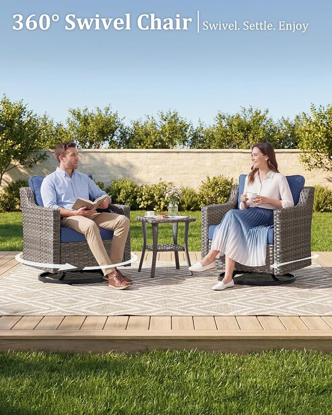 Outdoor Furniture Set of 6, Patio Chairs with Luxury 4" Cushion, Wicker Swivel Rocker Patio Chairs, and Side Table, High Back&Deep Seat for Garden Deck Porch Balcony Backyard - Blue