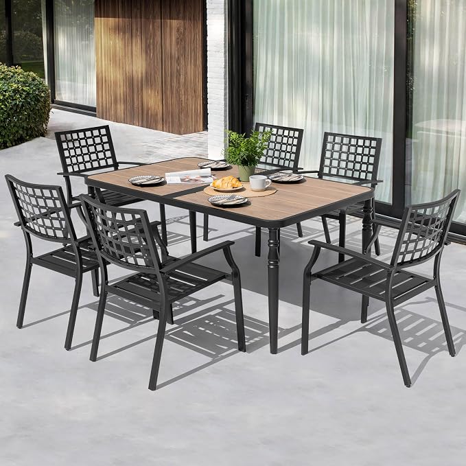 NUU GARDEN 7-Piece Outdoor Dining Chair and Table Set, 6 Stackable Metal Dining Chairs, 61" x 37" Rectangle Metal Dining Table with 1.6" Umbrella Hole, for Backyard, Deck, Yard, Garden, Black