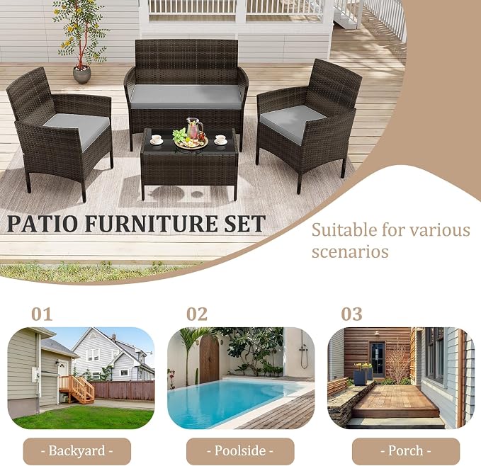 KOTEK 4 Piece Patio Furniture Set, Outdoor Rattan Conversation Set with Loveseat, Wicker Chairs, Tempered Glass Coffee Table, Wicker Patio Set for Backyard, Porch (Grey)