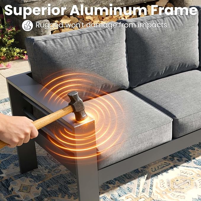 4 Pieces Modern Aluminum Patio Furniture Set, Outdoor Conversation Sets Metal Sectional Sofa with Coffee Table