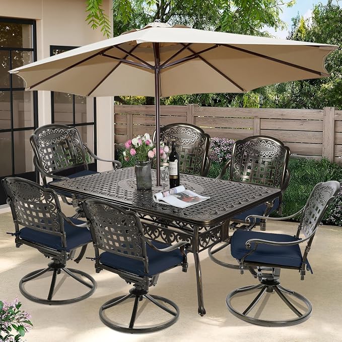 7-Piece Outdoor Patio Dining Set, 60” Rectangular Cast Aluminum Dining Table with Umbrella Hole and 6 Cushioned Swivel Rocker Chairs, Patio Funiture Set for Backyard, Patio, Garden, Navy