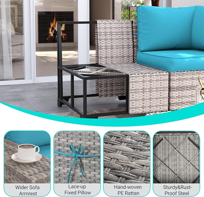 6-Piece Outdoor Patio Furniture Set Wicker Rattan Sectional Sofa Set, Patio Conversation Set with Thickened Cushions & Chunky Arms Coffee Table for Backyard, Turquoise