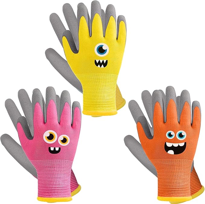 3 Pairs Kids Work Gardening Gloves (Colorful (Age 6-8)) | Children Yard Work Gloves Breathable Rubber Coated Garden Gloves for Toddlers Girls Boys