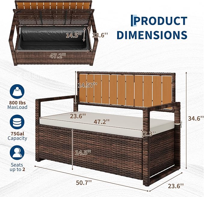 75 Gallon Deck Box Organizer, PE Rattan Storage Bench with Backrest & Waterproof Cushion, Patio Seat with Wood Armrests & Metal Frame for Porch, Backyard, Garden, Poolside