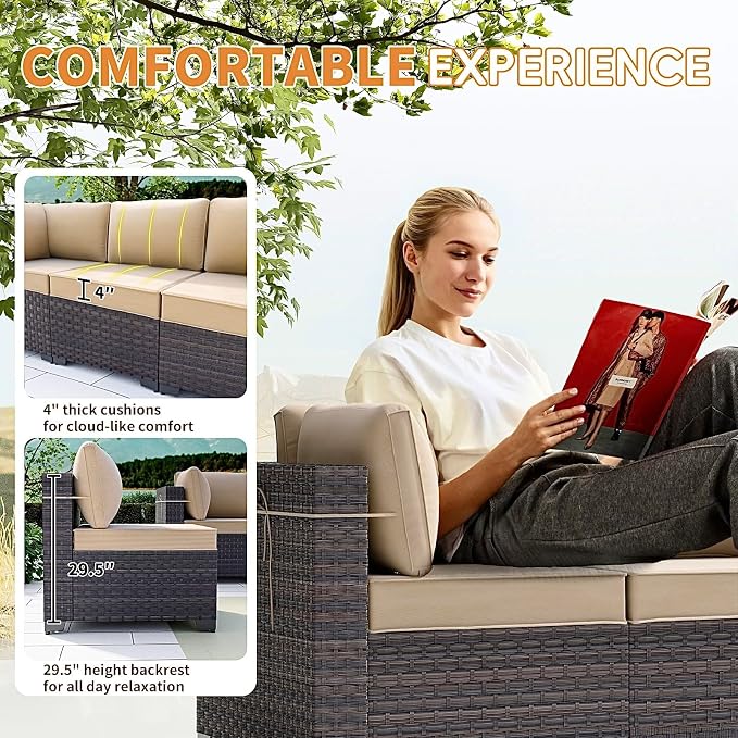 Gotland 7 Pieces Patio Furniture Set with 4’’ Thick Cushions, All-Weather PE Rattan Patio Set with 29.5'' High Backrest, Outdoor Furniture with Coffee Table for Porch Deck Garden Khaki