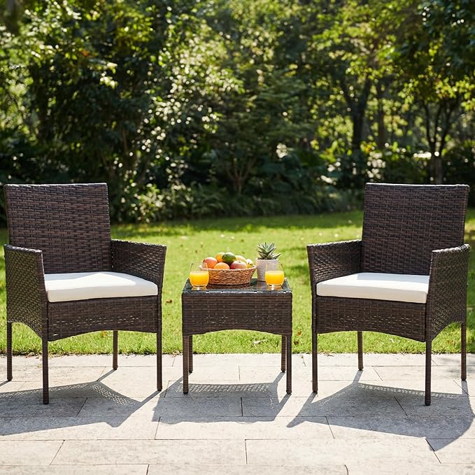 DUMOS 3 Piece Patio Furniture Set, All-Weather Outdoor Wicker Chairs with Removable Cushions & Tempered Glass Table, Small Bistro Set for Porch, Balcony, Lawn, Backyard Brown