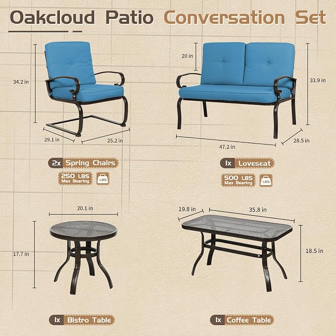 Oakcloud 5Pcs Metal Outdoor Furniture Patio Conversation Set (Loveseat, Coffee Table and Bistro Table, 2 Spring Chair) -Wrought Iron Patio Chair Set with Cushions (Blue)