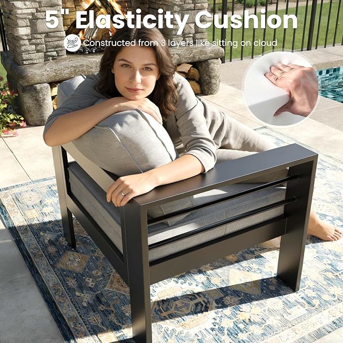4 Pieces Modern Aluminum Patio Furniture Set with Fire Pit Table, Outdoor Conversation Sets Metal Sectional Sofa