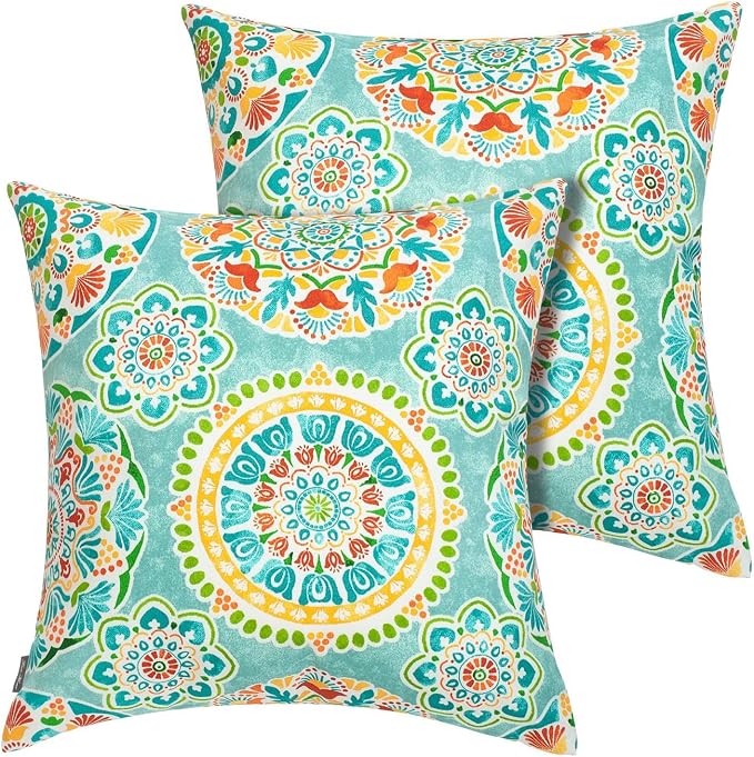 FUNHOME Outdoor Throw Pillows with Insert 18x18 Inch Pack of 2-Cyan Circle | Decorative Throw Pillows with Inserts, Water-Repellent, Square Pillows for Bed, Couch, Sofa and Patio Furniture