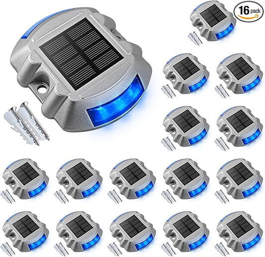 VOLISUN Solar Deck Driveway Dock Lights,Solar Pathway Lights,Blue 16 Pack | Solar Powered LED, IP68 Waterproof Led Outdoor Warning Step Marine Lights for Sidewalk Garden Yard