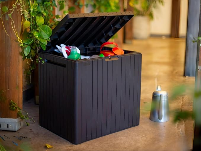 30 Gallon Outdoor Deck Box, Waterproof Resin Storage with Lid for Patio Furniture Cushions, Toys, Pool Accessories